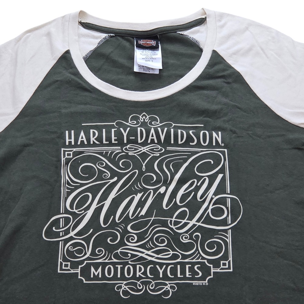 Harley Davidson Olive Green Raglan Tee Motorcycle Graphic Top Womens Small